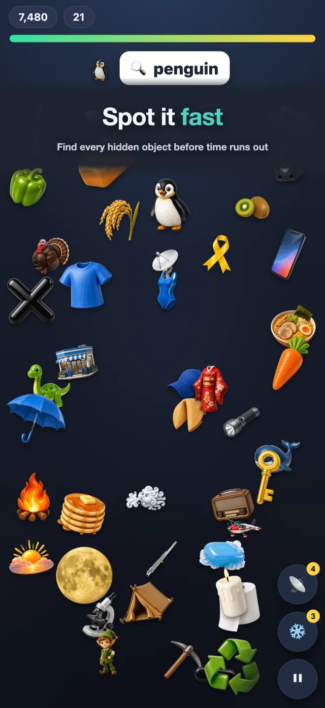 A Vistazo hidden-object round asking the player to find a penguin